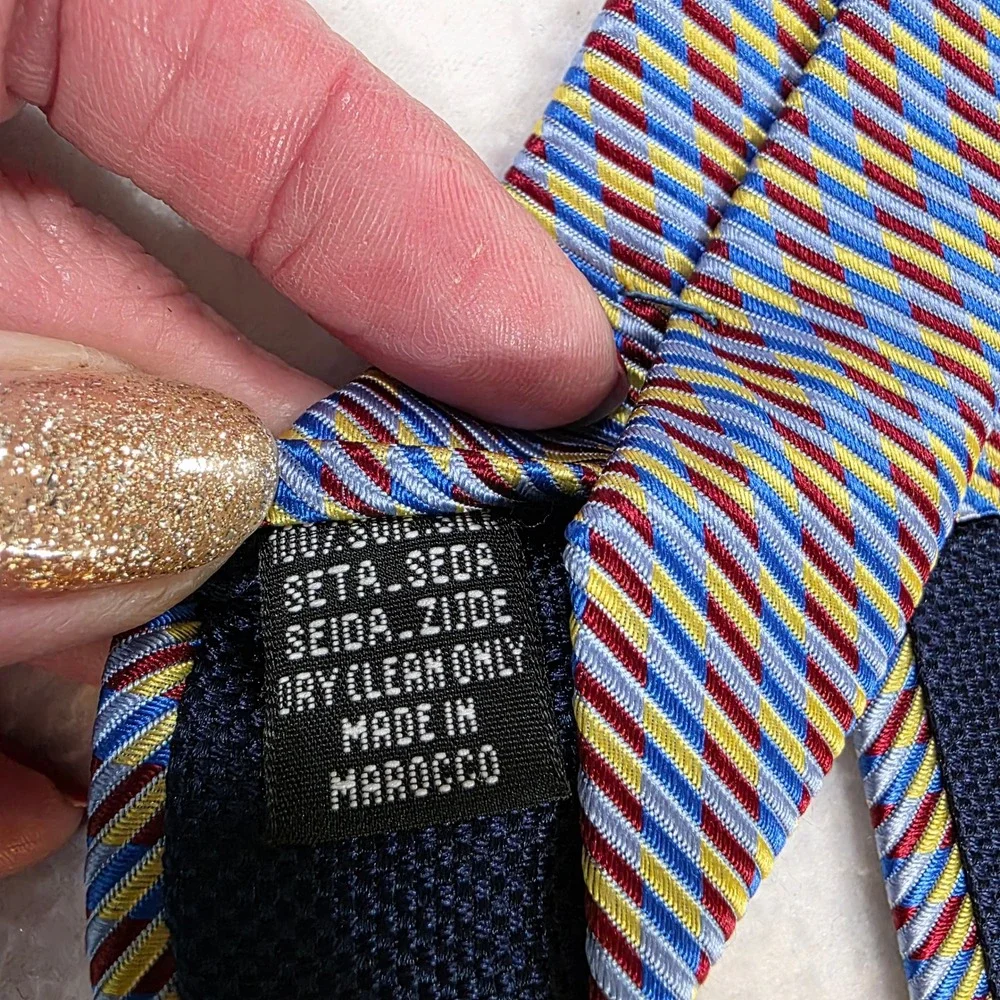 Thomas Pink Mens Silk Tie Blue Gold Burgundy Diagonal Stripe Made in Morocco